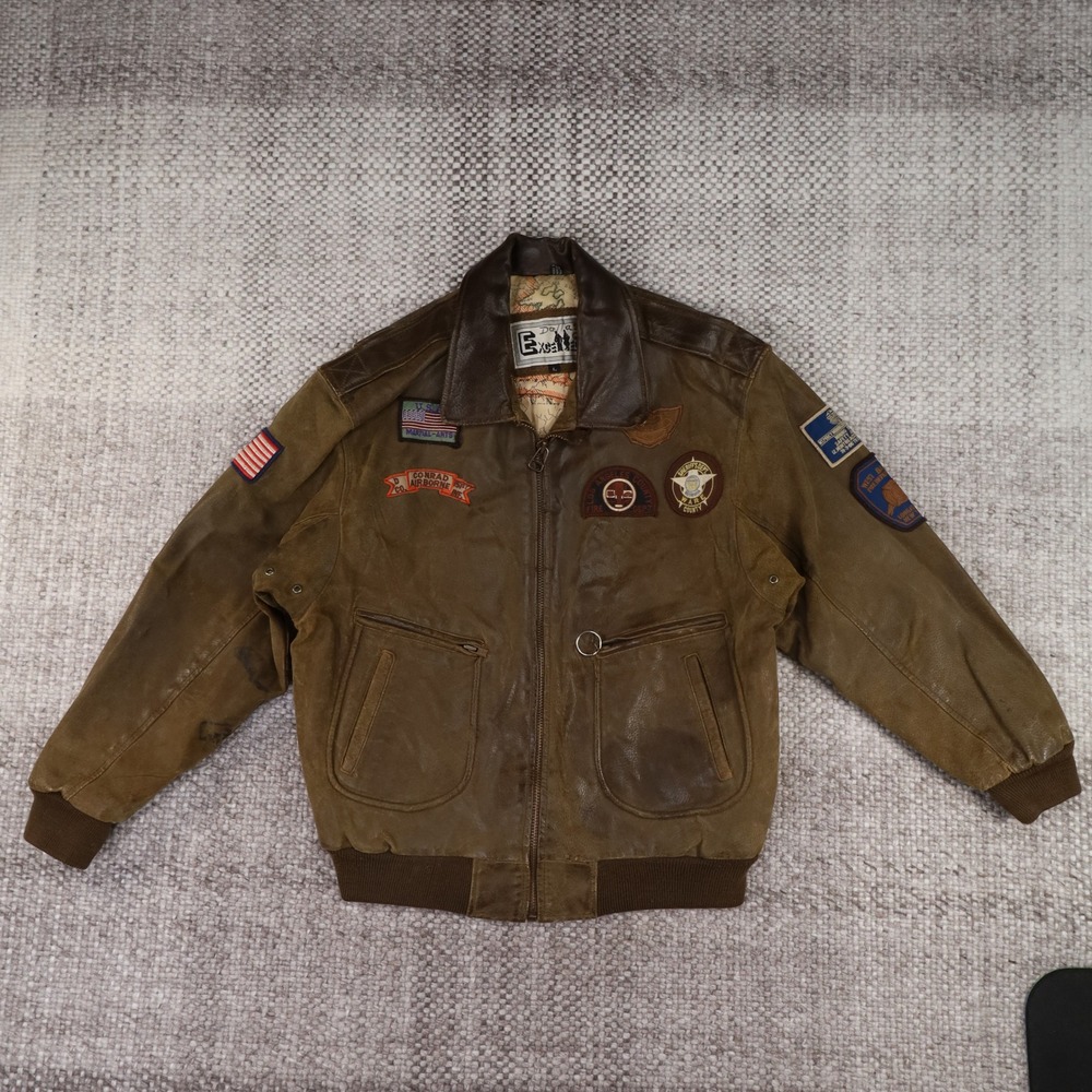 Excelled Vintage Brown Leather Flight Jacket Patches Map Lining Large